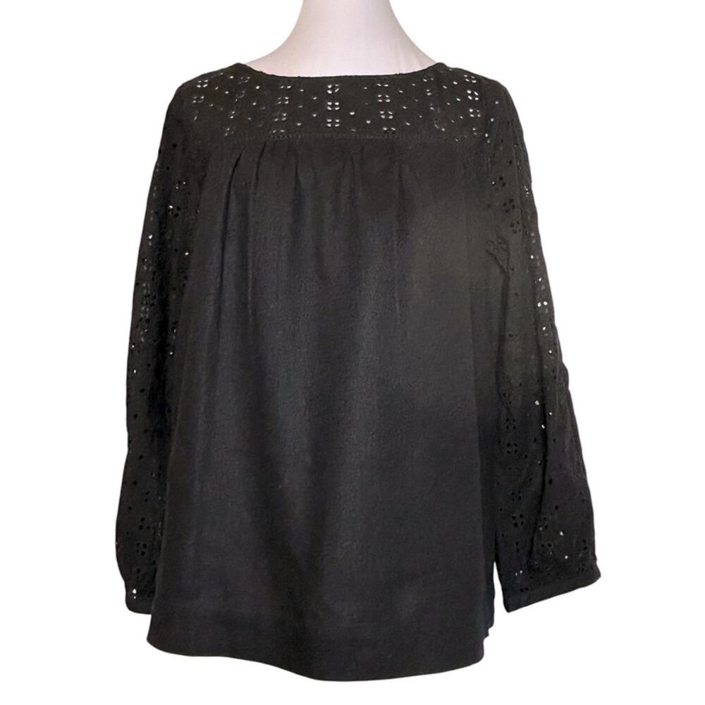 J. Crew Mercantile Top Womens Size S Linen Blend Black Eyelet Feminine Loose Fit
